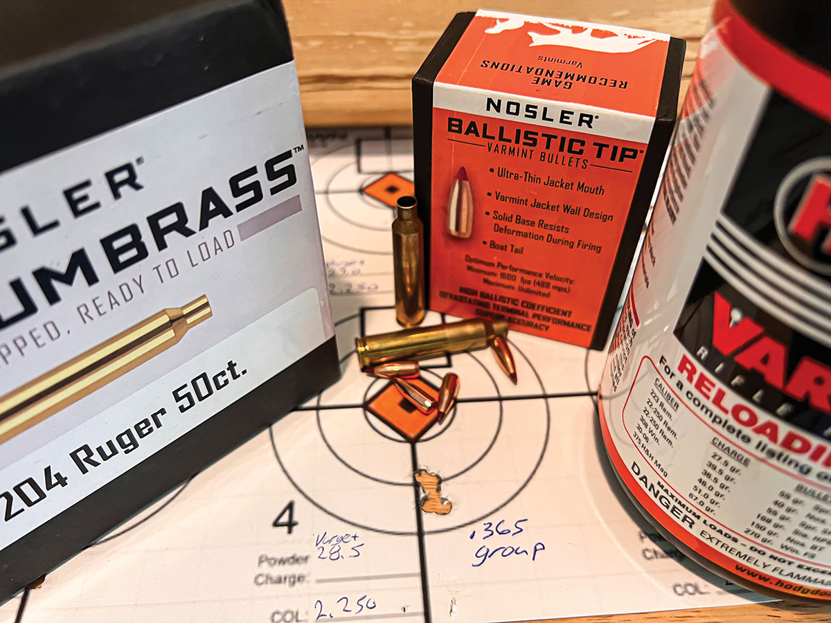 The best five-shot group with Nosler brass, 28.5 grains of Varget powder, CCI 41 Small Rifle primers and Nosler Ballistic Tip 32 Grain.